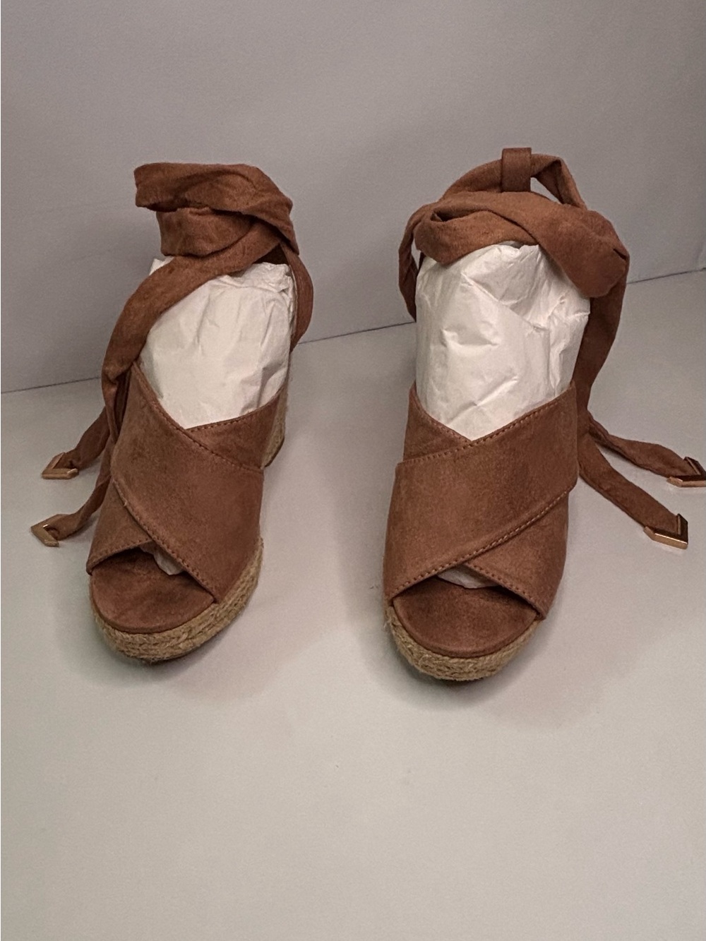 Bella Marie Faux Suede Wrap Espadrille Wedge Sandals in Brown Sz 7